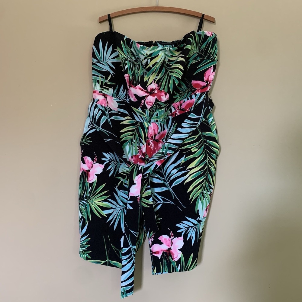 New York & Company tropical strapless romper black floral pattern Tie Belt SZ-XL - Picture 13 of 14
